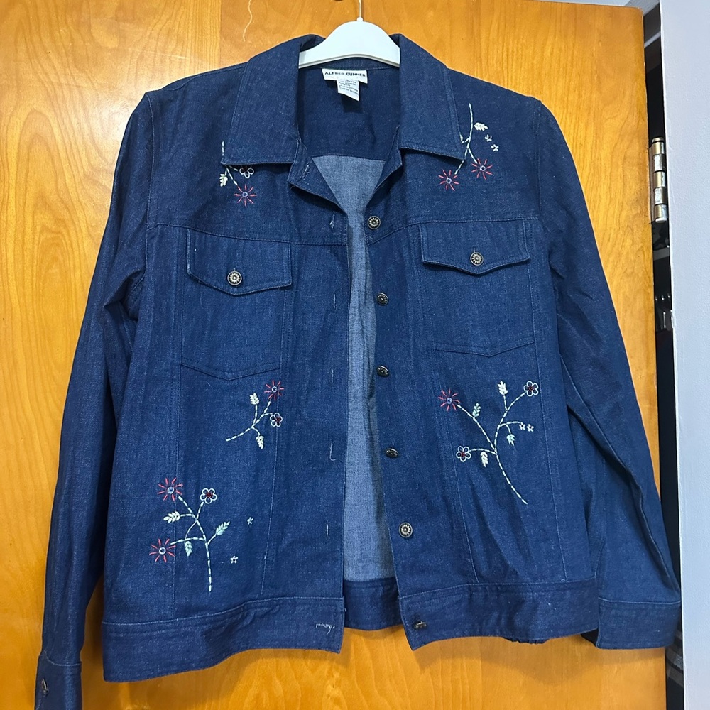 Alfred Dunner Dark Blue Jean Jacket with Embroidered Flowers